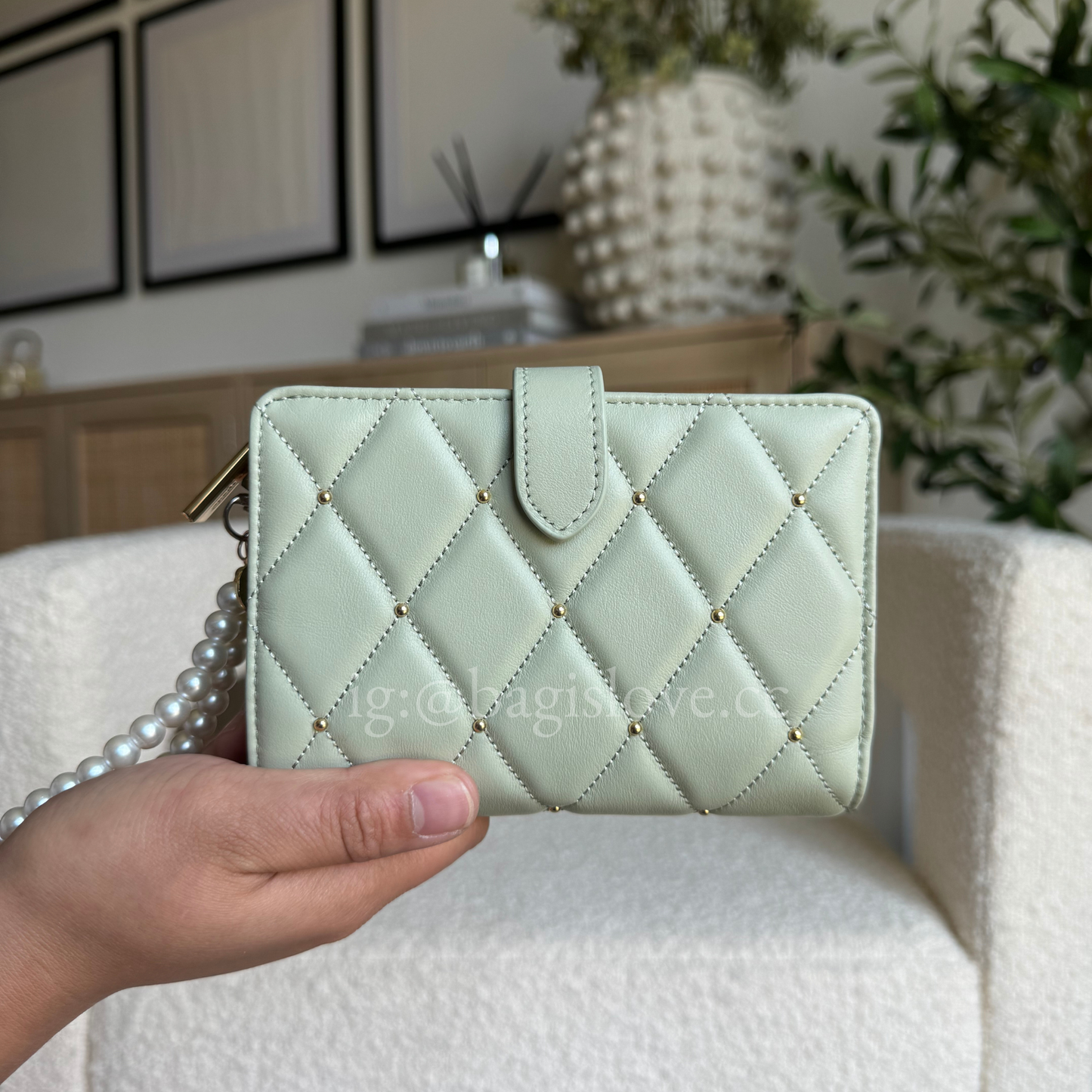 Carey Quilted Studded Medium Bifold Wallet in Sage (8-10 weeks arrival 📦🌊)
