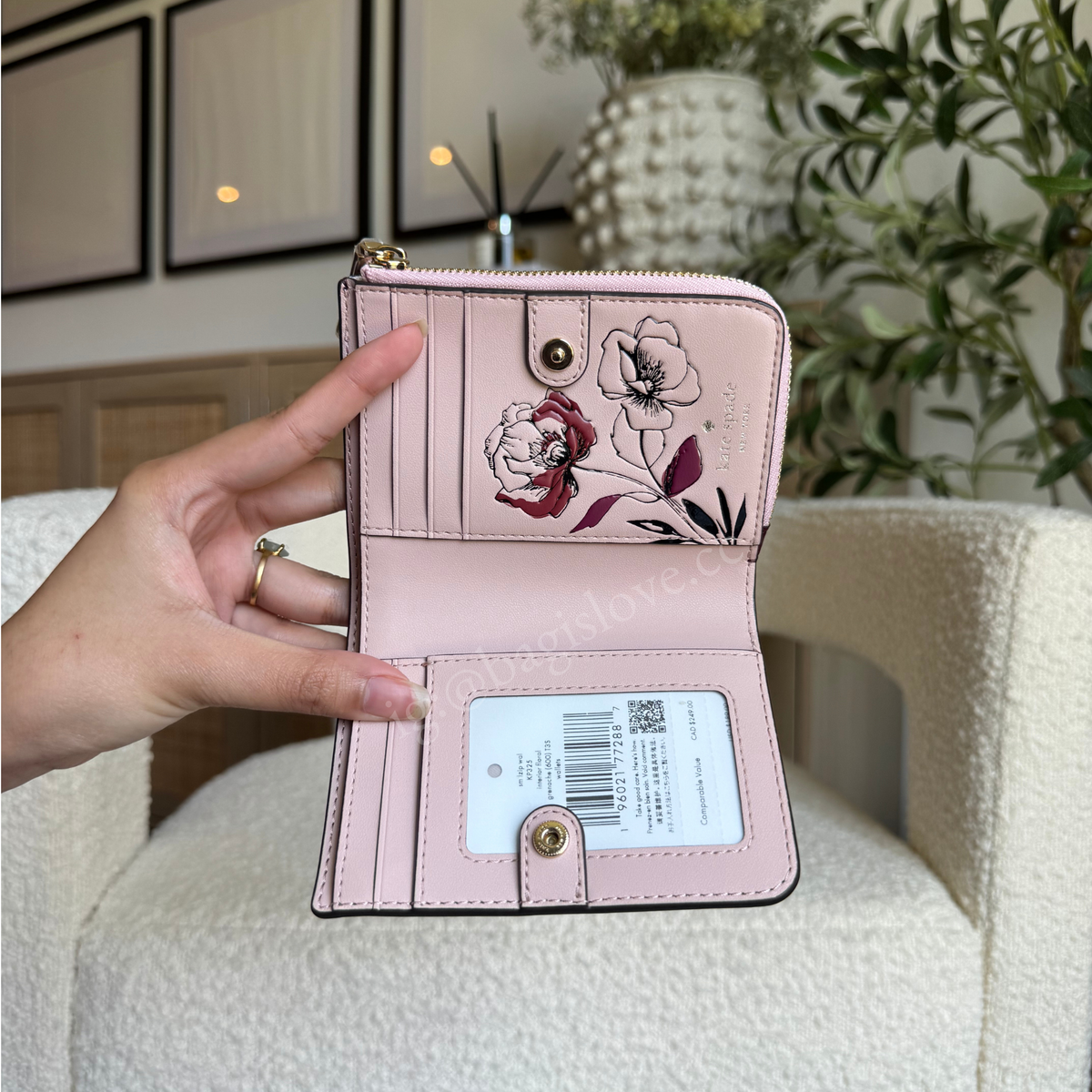 Floral Interior Small L-Zip Wallet in Grenache