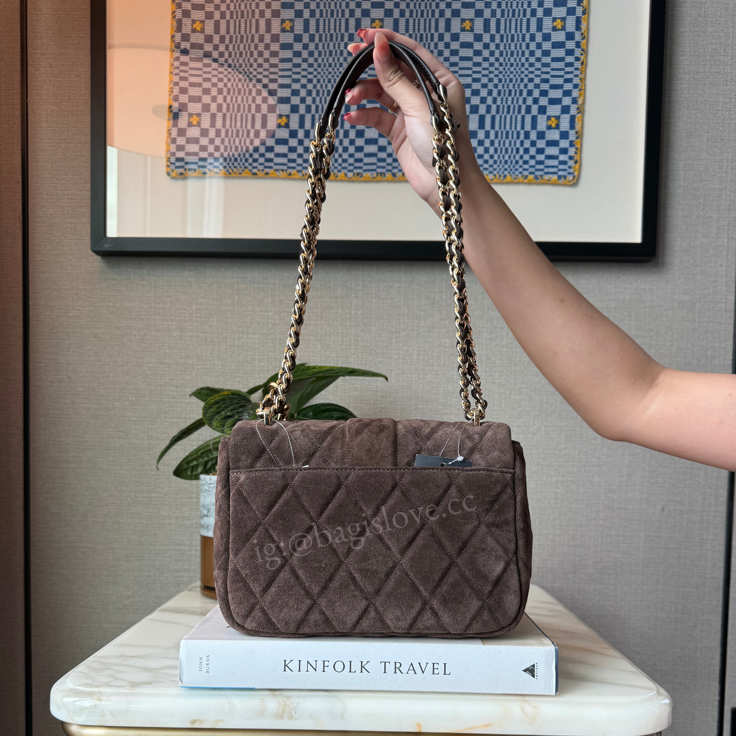 Carey Quilted Suede Small Flap Crossbody in Brown