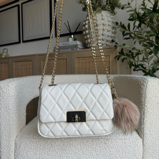 Carey Quilted Small Flap Crossbody in White (8-10 weeks arrival 📦🌊)