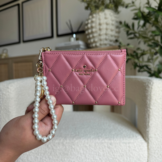 Carey Quilted Studded Small Card Holder in Pink (8-10 weeks arrival 📦🌊)