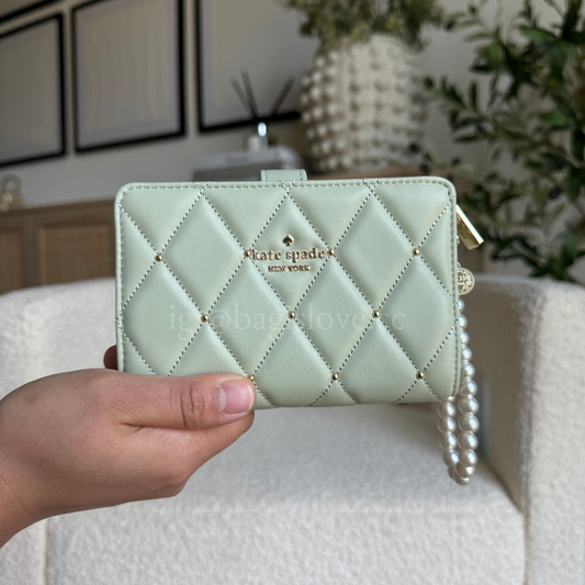 Carey Quilted Studded Medium Bifold Wallet in Sage (8-10 weeks arrival 📦🌊)