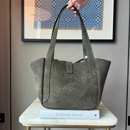 Hadley Turnlock Tote Bag in Suede Gunmetal Green