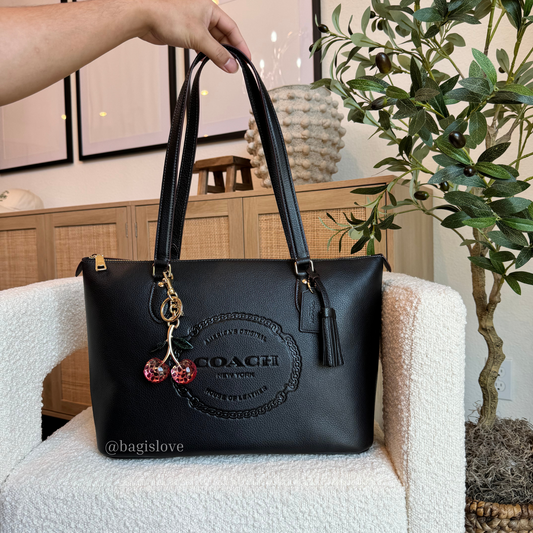 Gallery Tote With Coach Heritage in Black Pebbled Leather