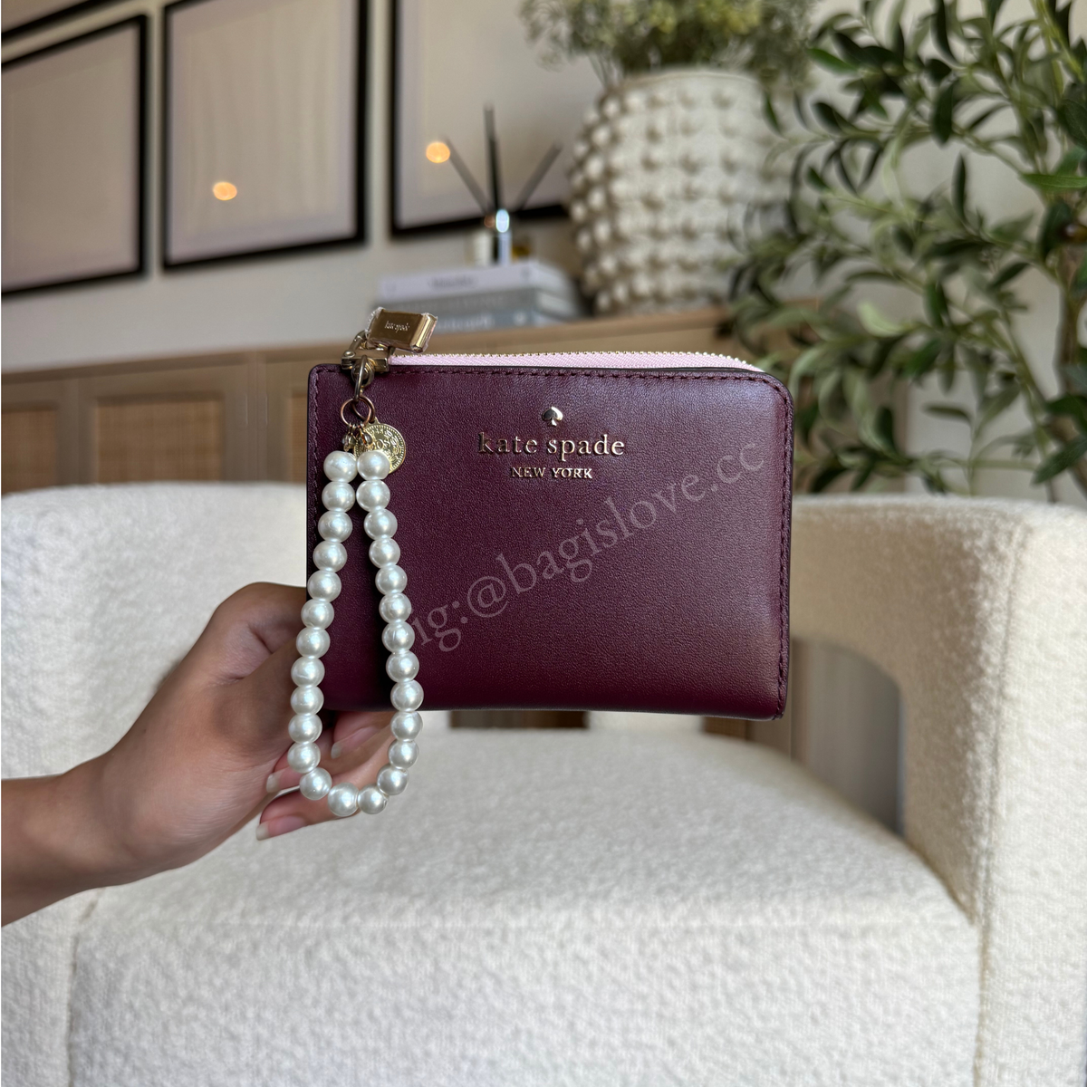 Floral Interior Small L-Zip Wallet in Grenache
