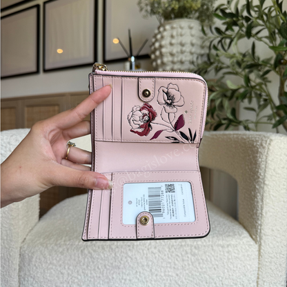 Floral Interior Small L-Zip Wallet in Grenache
