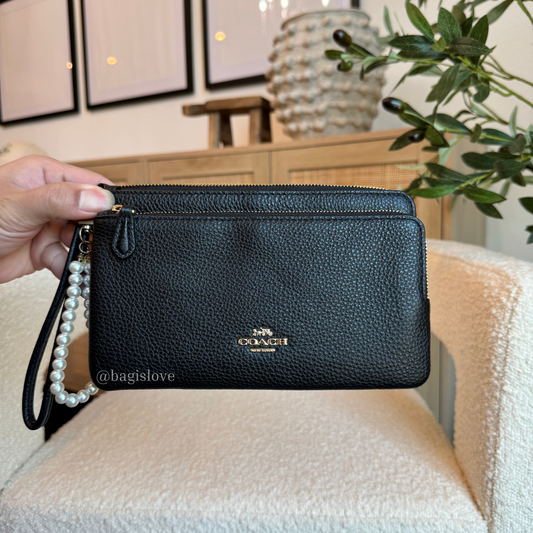 Double Zip Wallet in Black Refined Pebbled Leather