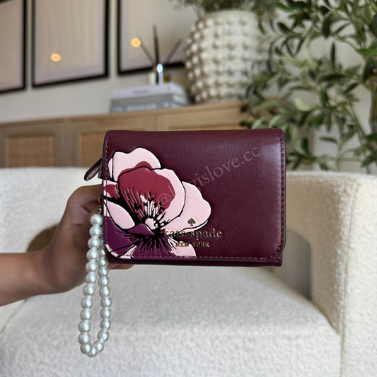 Floral Small L-Zip Flap Wallet in Grenache