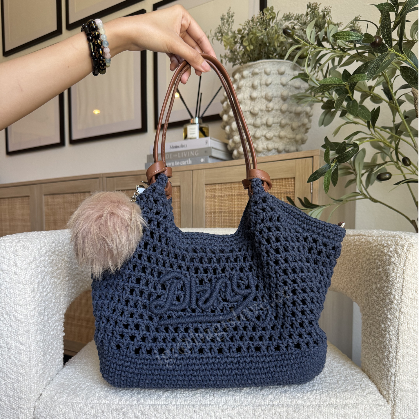 Paula Crochet Logo Medium Commuter Tote in Navy