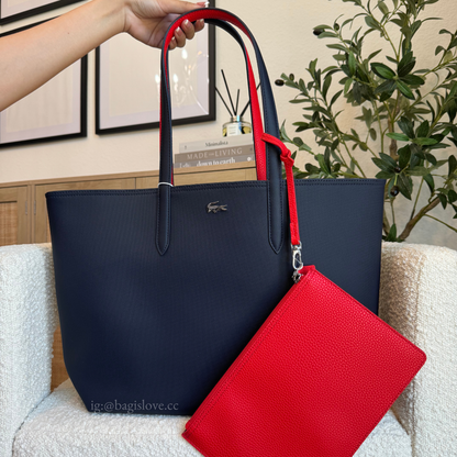 Anna Reversible Tote with Pouch (Navy and Red)