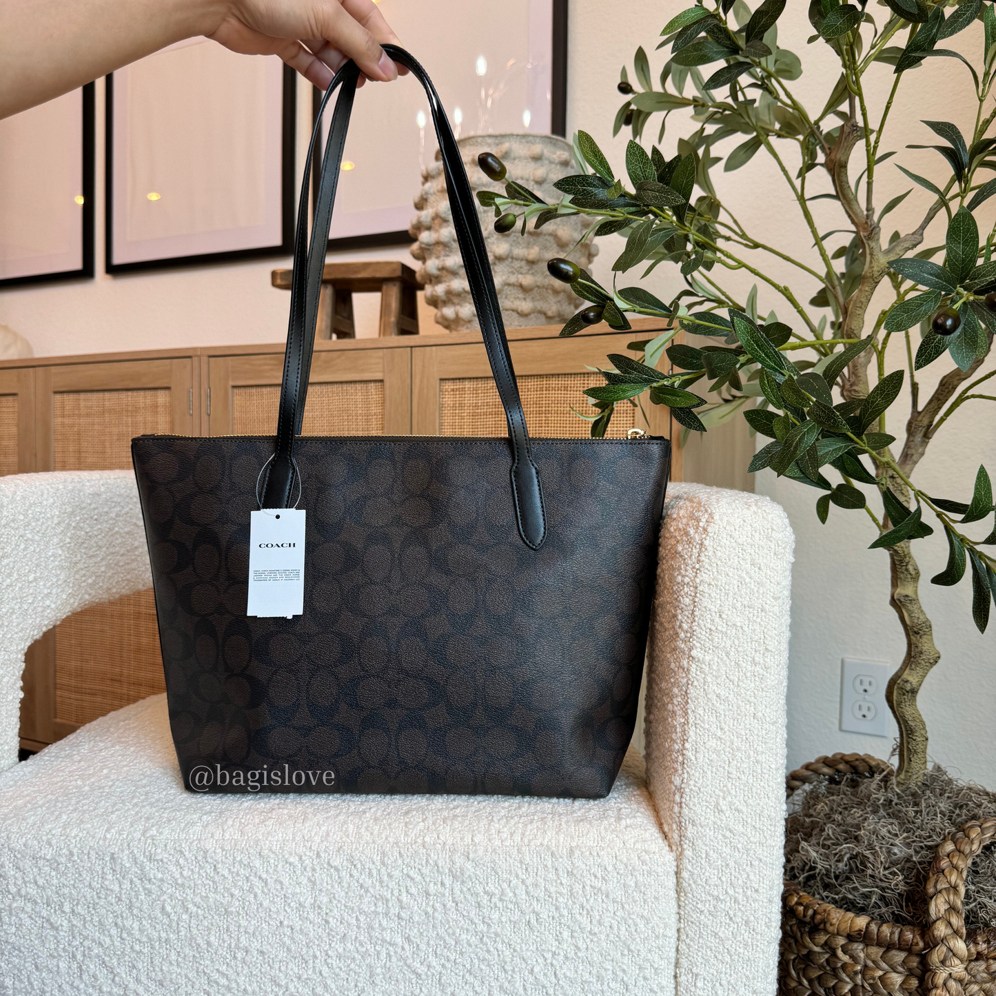 Zip Top Tote in Brown and Black Signature Coated Canvas